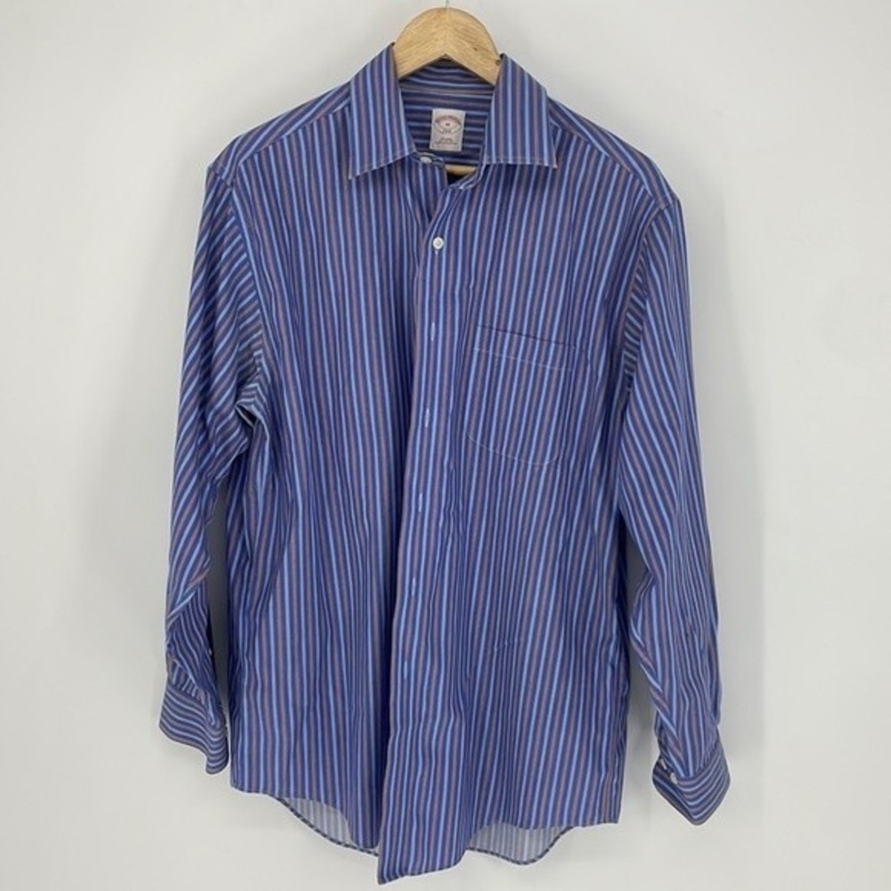 BROOKS BROTHERS striped business button up shirt blue & orange size MED men's